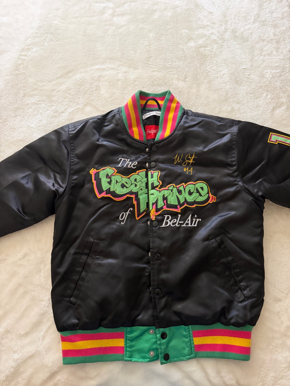 Nostalgia Black Bomber Jacket with Green, Pink & Yellow Trim
